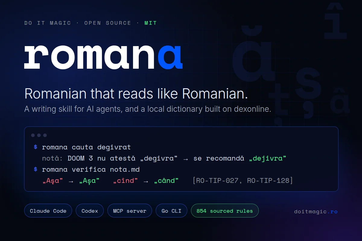 Bannerul romana: titlul, sloganul și un terminal în care dicționarul recomandă „dejivra” în locul lui „degivra”, iar verificatorul corectează „Aşa” cu sedilă și grafia veche „cînd”