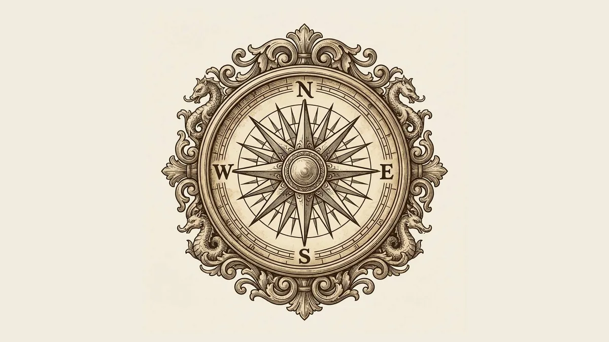 Sigla FactCompass: o busolă desenată în stil gravură veche