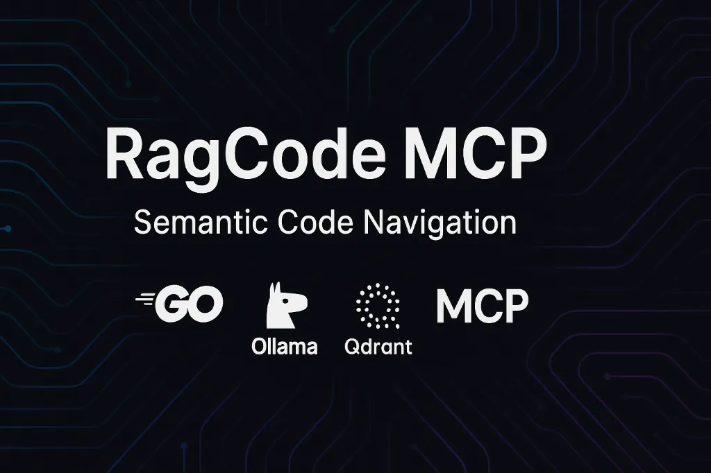 Bannerul RagCode MCP: Semantic Code Navigation, cu siglele Go, Ollama, Qdrant și MCP